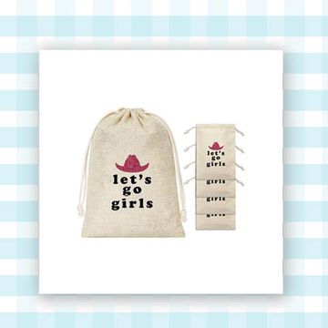 cotton bag with tie at top that says lets go girls with pink cowboy hat and set of scrunchies with eight pink ones and one white