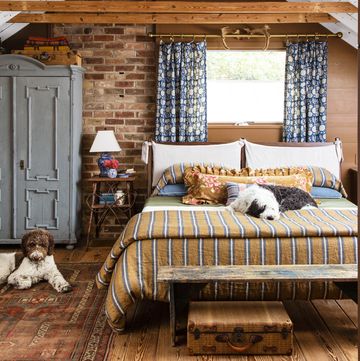 brown and blue rustic cottage bedroom