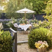 outdoor dining table and chairs in a rose and lavender garden