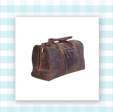 blue and white checkered background featuring an image of an indoor herb garden and a brown leather duffel bag