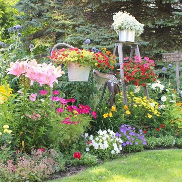 flower garden in full bloom accented with upcycled pieces like an old bike, ladder, galvanized buckets